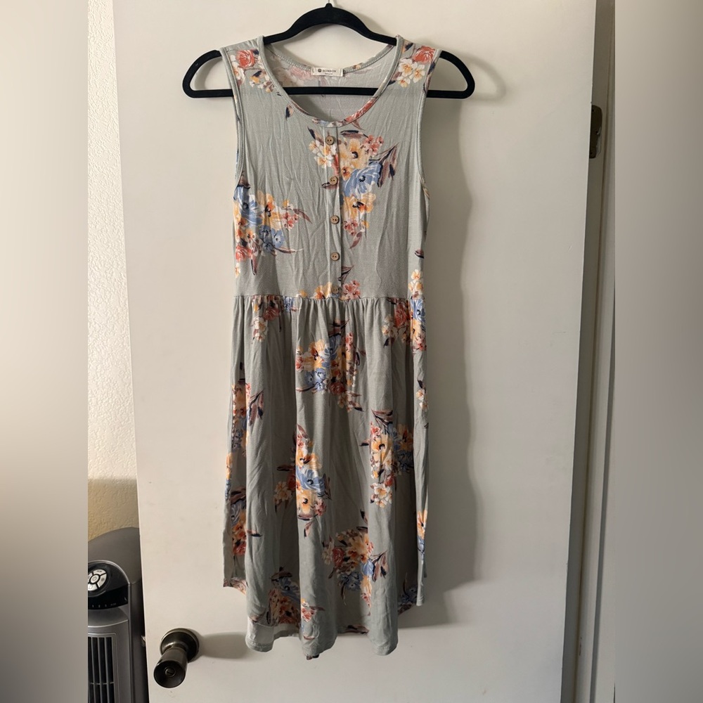 Floral Sleeveless Dress - Gray with Multicolor Accents